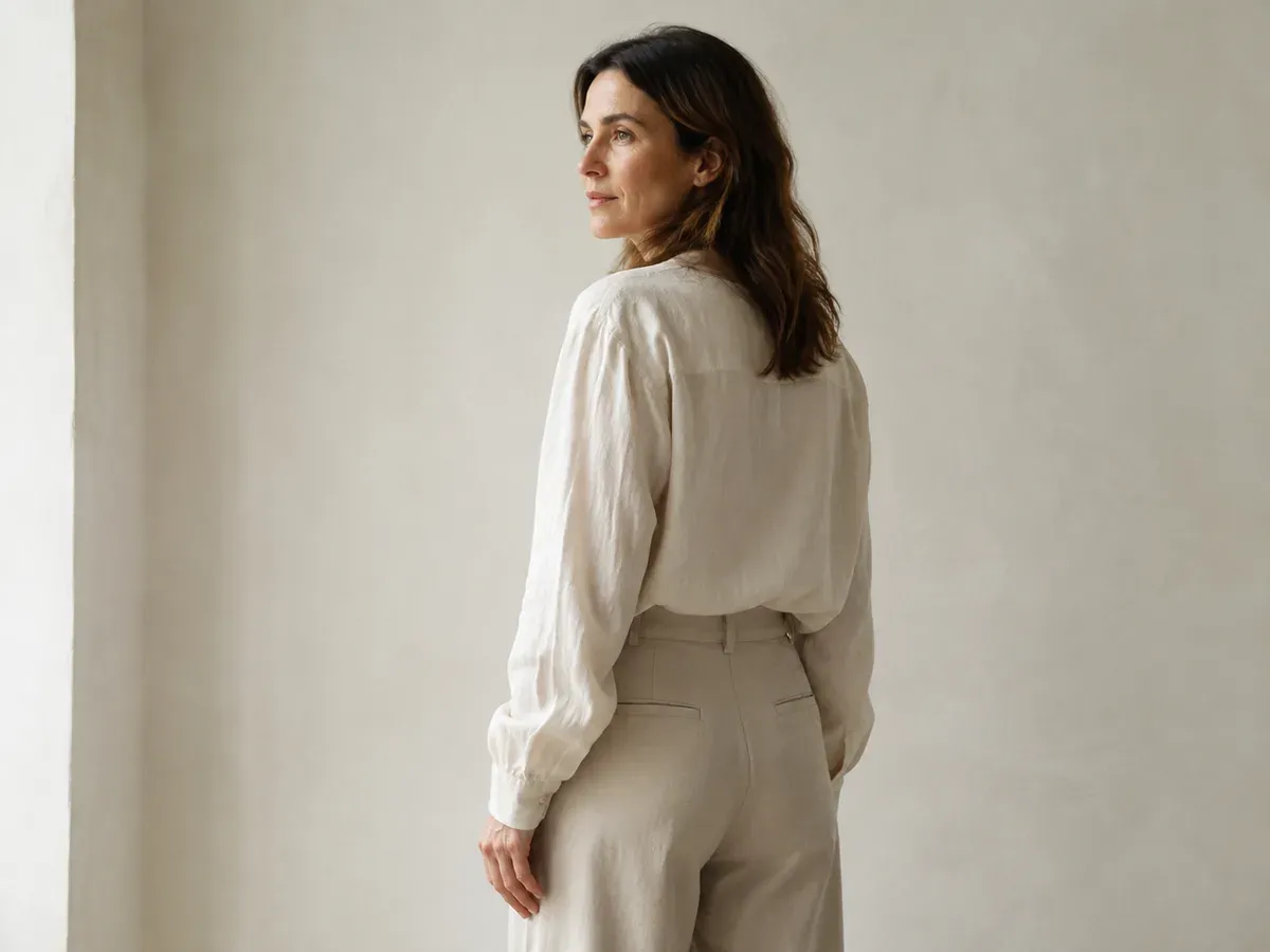 Imagen editorial ilustrativa de una mujer adulta con ropa de lino
